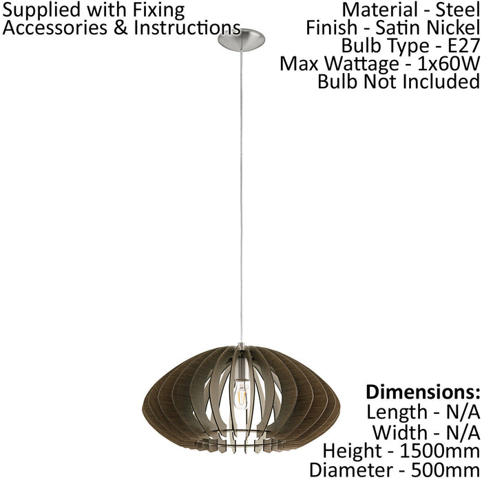 Pendant Ceiling Light Colour Satin Nickel Shade Dark Brown Wood Bulb E27 1x60W Loops