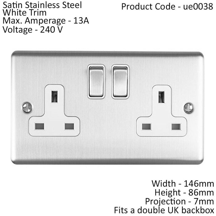 2 Gang Double UK Plug Socket SATIN STEEL 13A Switched White Trim Power Outlet Loops