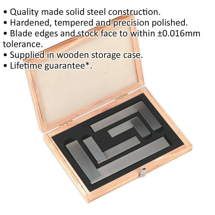 4 Piece Precision Steel Square Set - Hardened & Tempered - Wooden Case Loops