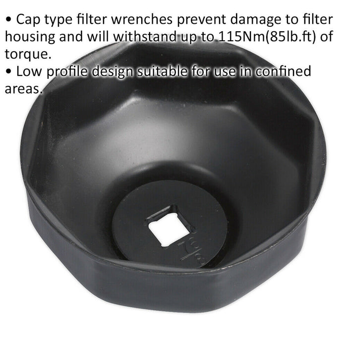 76mm Oil Filter Cap Wrench - 8 Flutes - 3/8" Sq Drive - Low Profile Design Loops