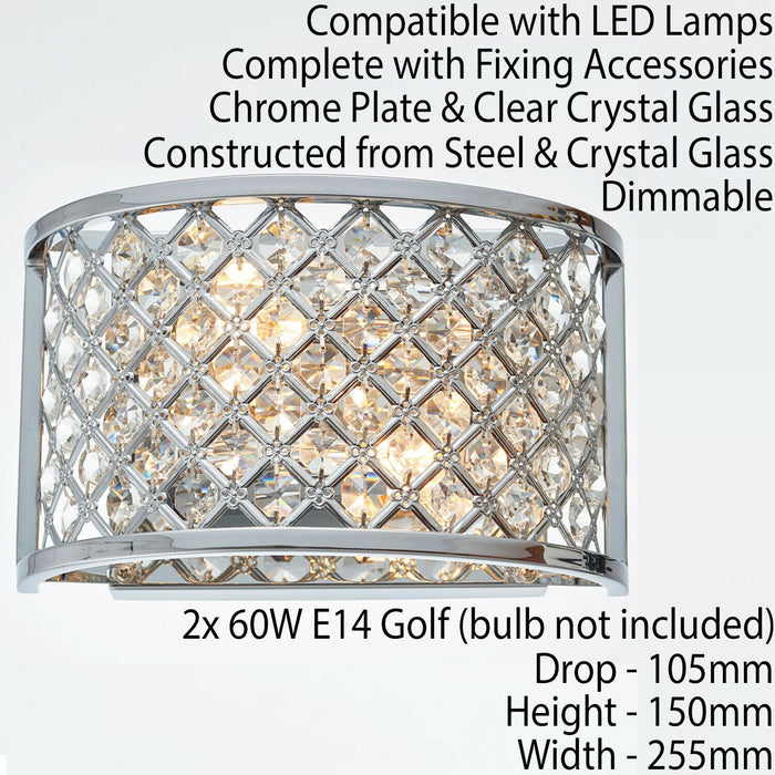 Crystal Cage Wall Light Chrome Glass Shade Modern Twin Bulb Lounge Lamp Fitting Loops