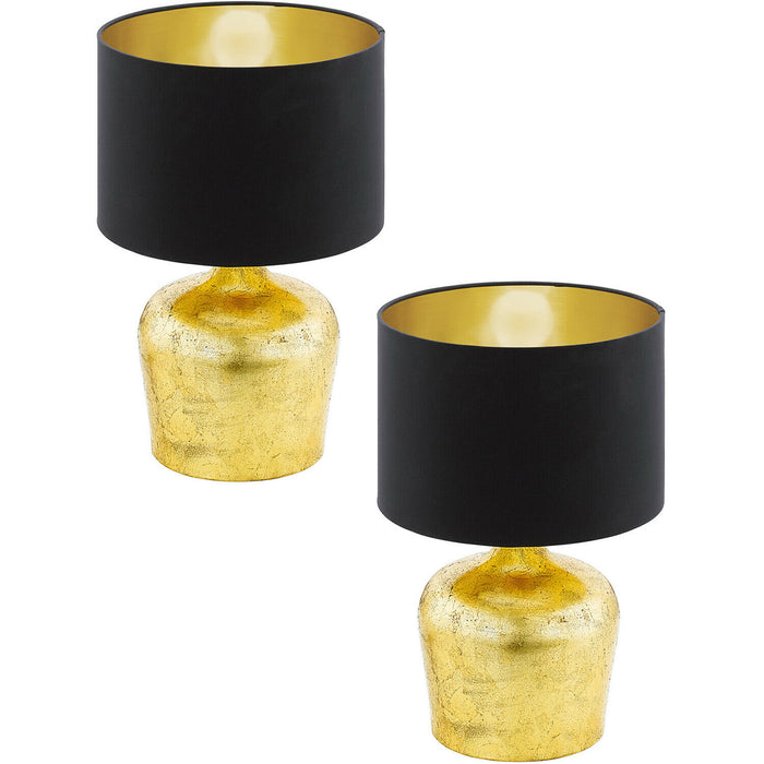 2 PACK Table Lamp Gold Base Black Fabric Shade with Gold Inner Bulb E27 1x60W Loops