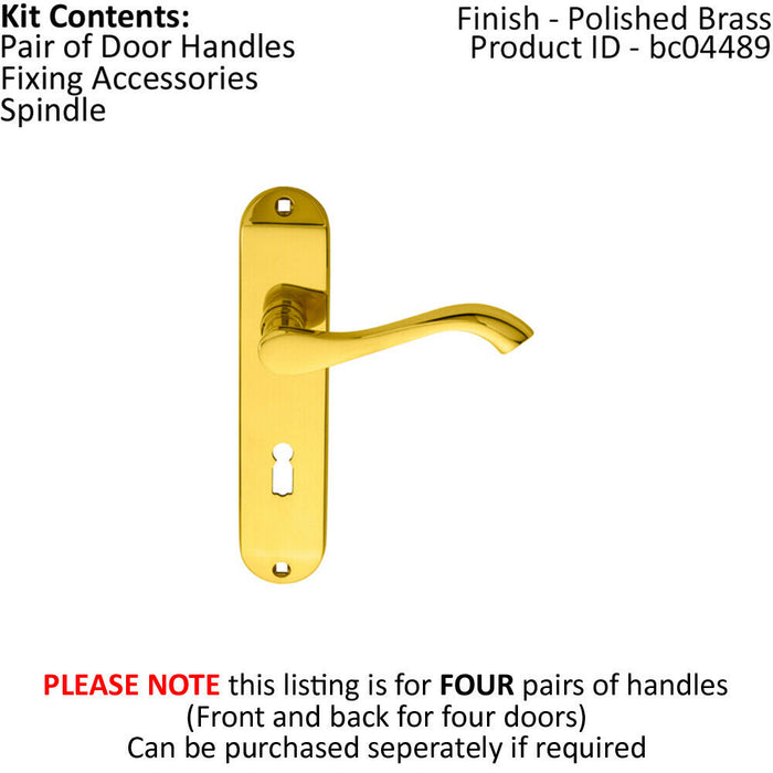 4x PAIR Curved Handle on Chamfered Lock Backplate 180 x 40mm Polished Brass Loops