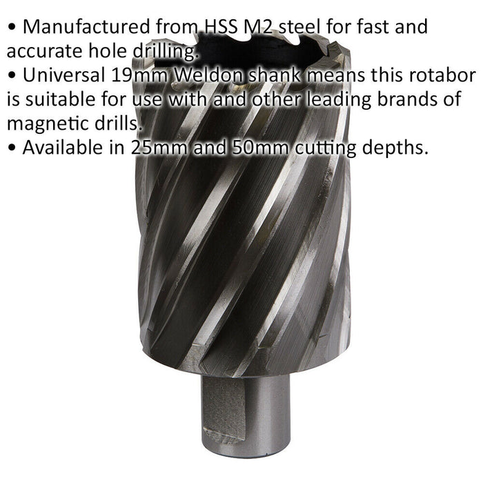 45mm x 50mm Depth Rotabor Cutter - M2 Steel Annular Metal Core Drill 19mm Shank Loops