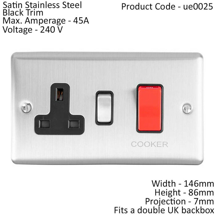 45A DP Oven Switch & Single 13A Switched Power Socket SATIN STEEL & Black Trim Loops
