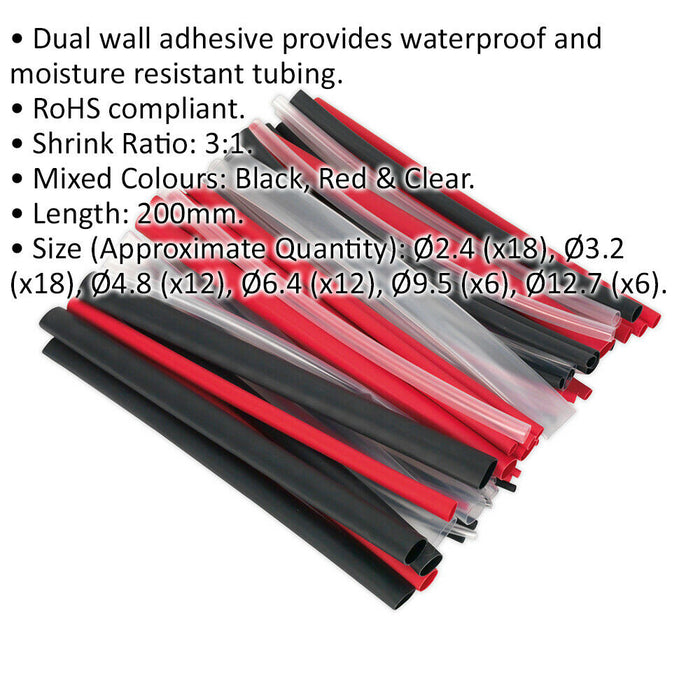 72 Piece 200mm Heat Shrink Tubing Assortment - Dual Wall Adhesive - Mixed Colour Loops