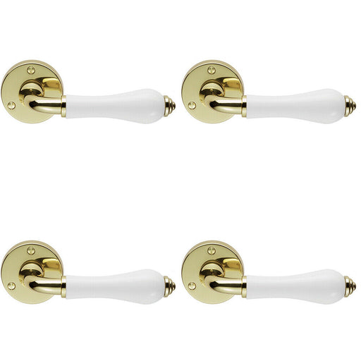 4x PAIR Porcelain Handle with Ringed Detailing 58mm Round Rose Polished Brass Loops