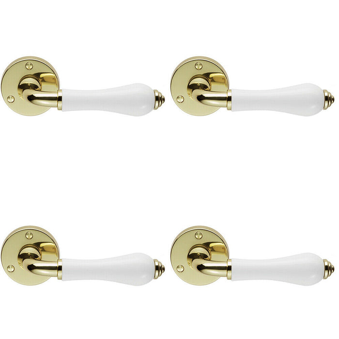 4x PAIR Porcelain Handle with Ringed Detailing 58mm Round Rose Polished Brass Loops