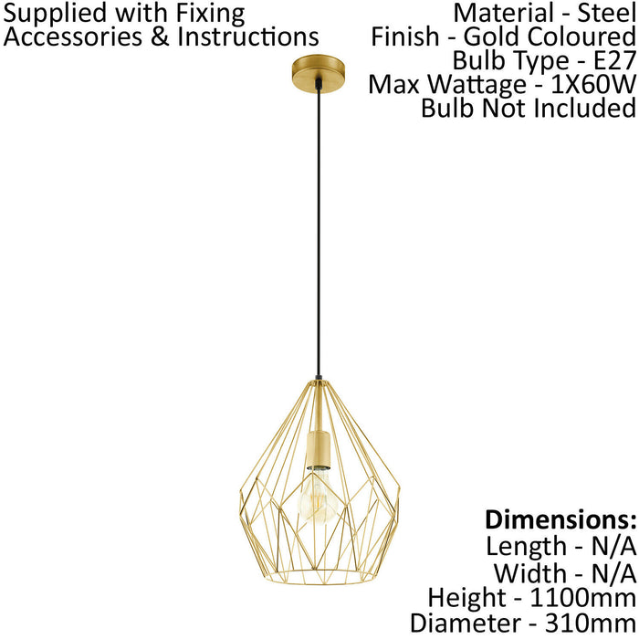 Hanging Ceiling Pendant Light Gold Wire Cage 1x 60W E27 Hallway Feature Lamp Loops