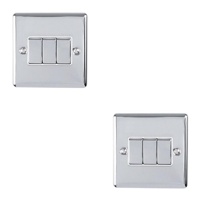 2 PACK 3 Gang Triple Metal Light Switch POLISHED CHROME 2 Way 10A White Trim Loops