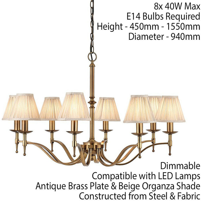 Avery Ceiling Pendant Chandelier Light 8 Lamp Antique Brass & Beige Pleat Shade Loops