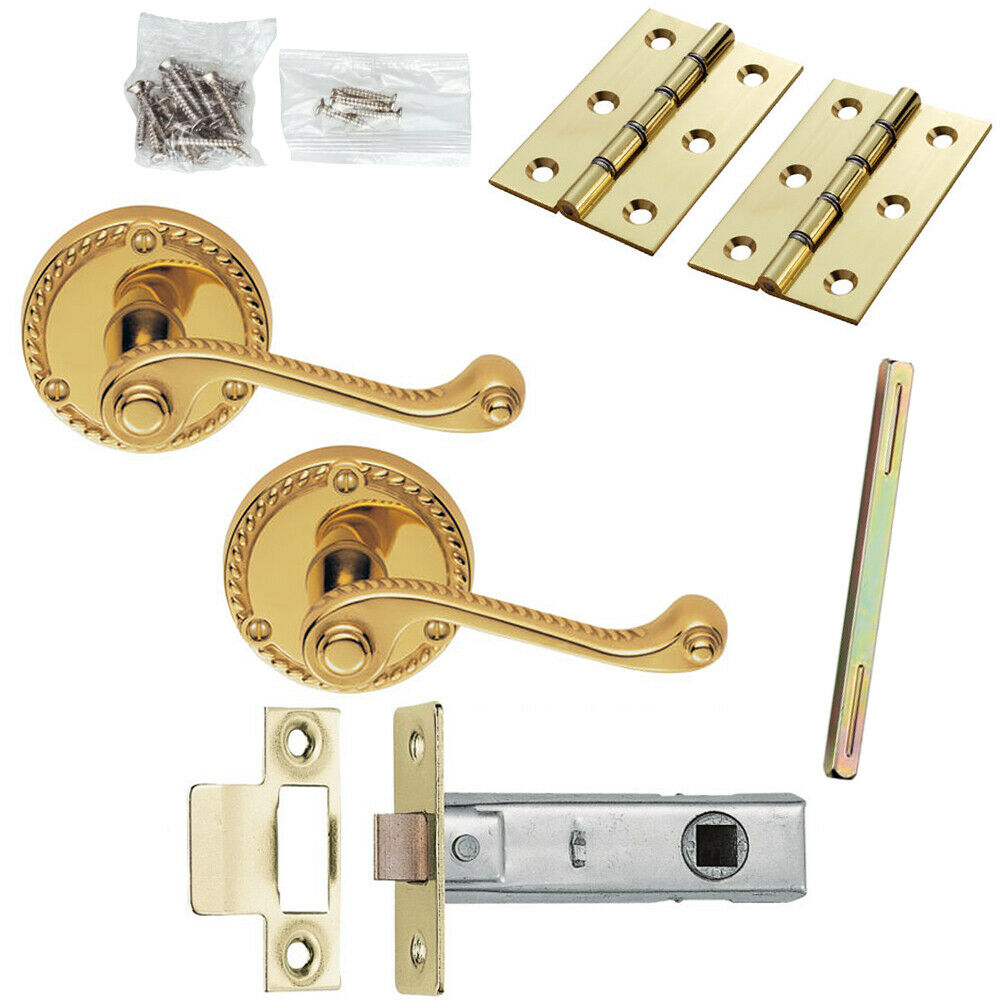 Door Handle & Latch Pack Brass Georgian Scroll Curved Screwless Round Rose Loops