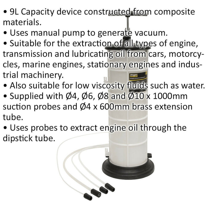 9L Manual Vacuum Oil & Fluid Extraction - Supplied with Four 1m Suction Probes Loops