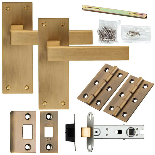 Door Handle & Latch Pack Antique Brass Straight Square Lever Slim Backplate Loops