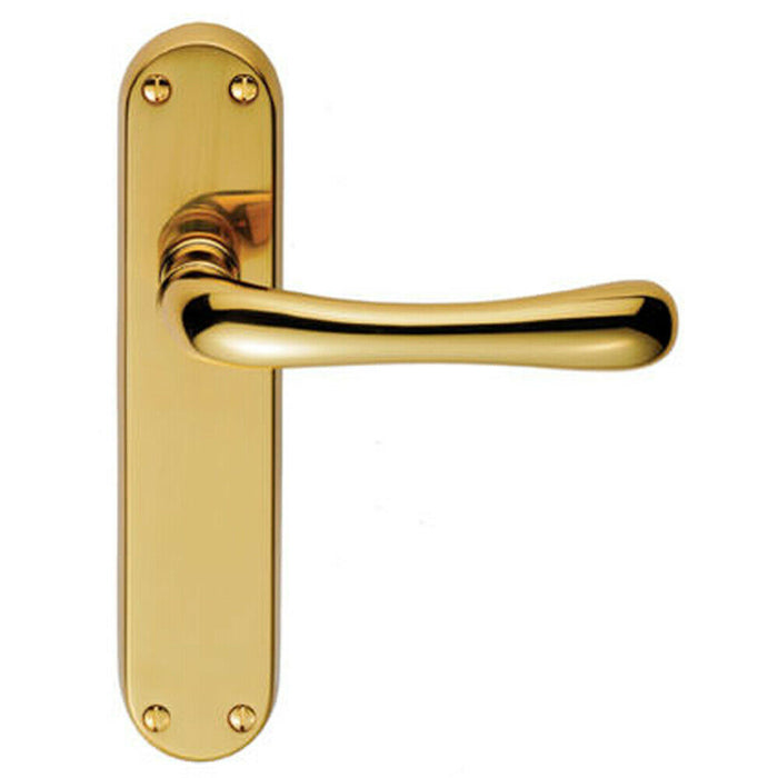 PAIR Smooth Rounded Lever on Shaped Latch Backplate 185 x 42mm Polished Brass Loops