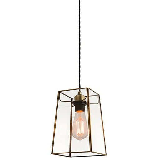 Hanging Ceiling Pendant Light Antique Brass & Square Glass Shade Sleek Box Lamp Loops