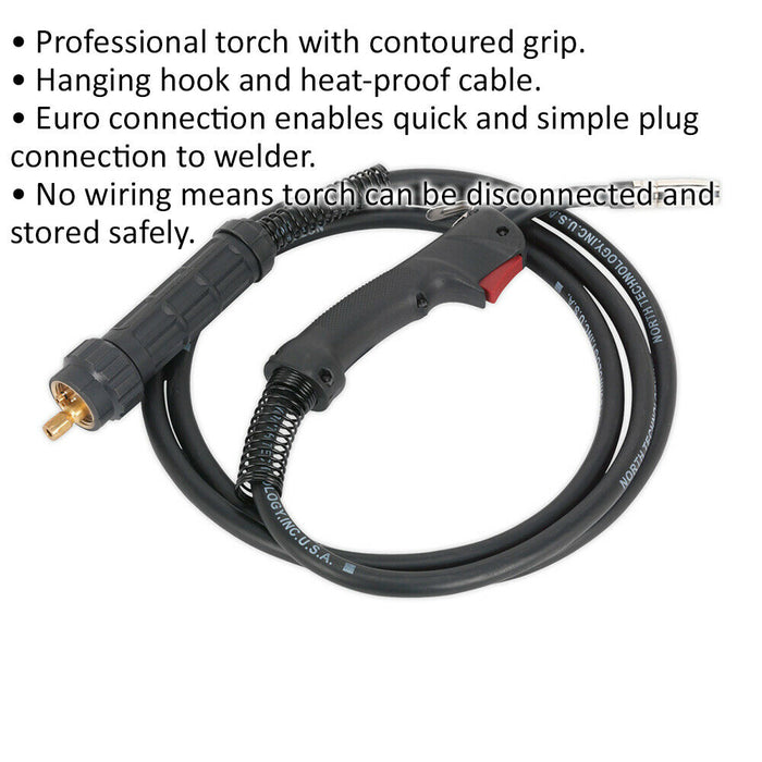 MB15 MIG Torch with Euro Connector - 4m Heat Proof Cable - Contoured Grip Loops