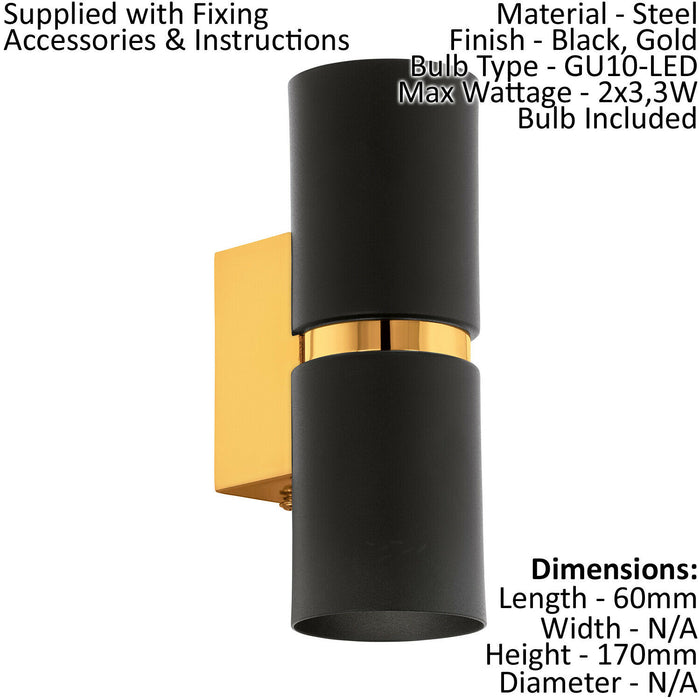 Wall Light 2 x Black Shades Gold Banding & Back Plate Bulb GU10 2x3.3W Included Loops