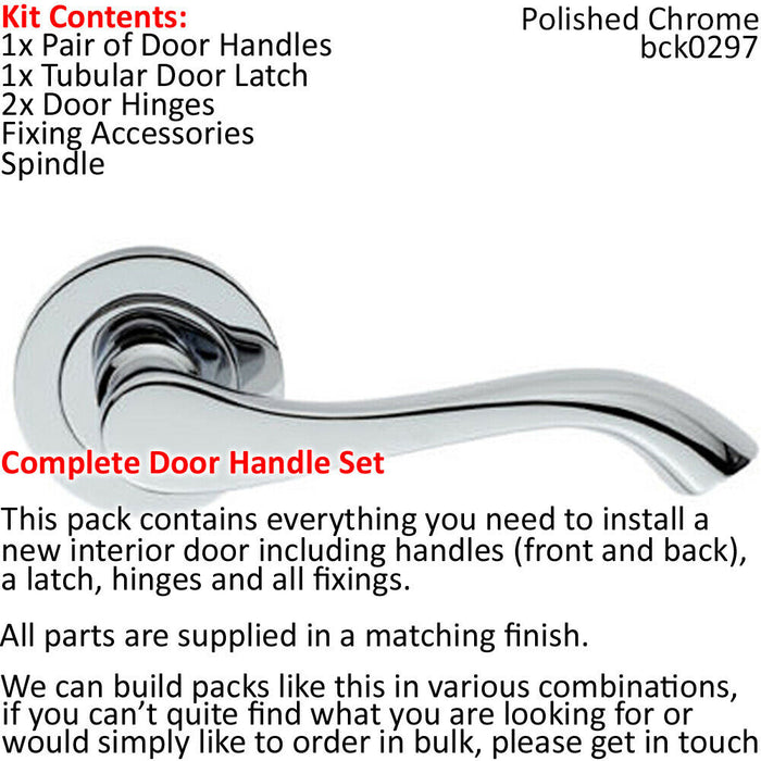 Door Handle & Latch Pack Chrome Modern Scroll Curved Lever 50mm Round Rose Loops