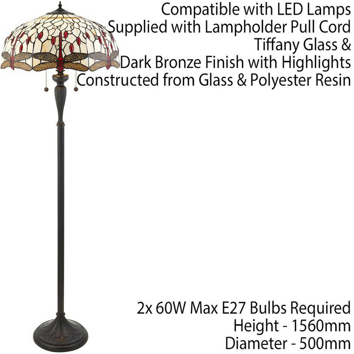 1.5m Tiffany Twin Floor Lamp Dark Bronze & Dragonfly Stained Glass Shade i00012 Loops
