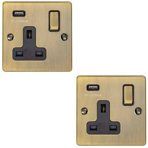 2 PACK 1 Gang Single UK Plug Socket & 2.1A USB ANTIQUE BRASS Black 13A Switched Loops