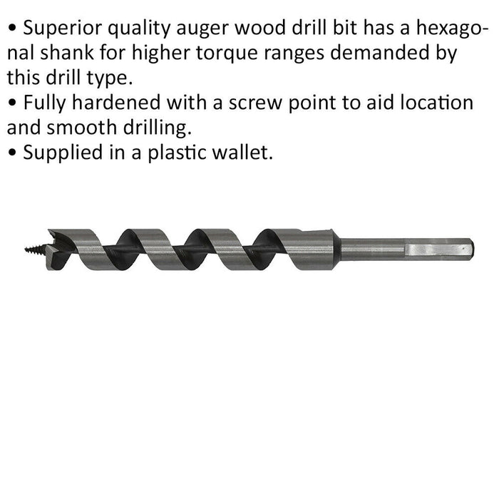 22 x 235mm Hardened Auger Wood Drill Bit - Hexagonal Shank - Woodwork Timber Loops