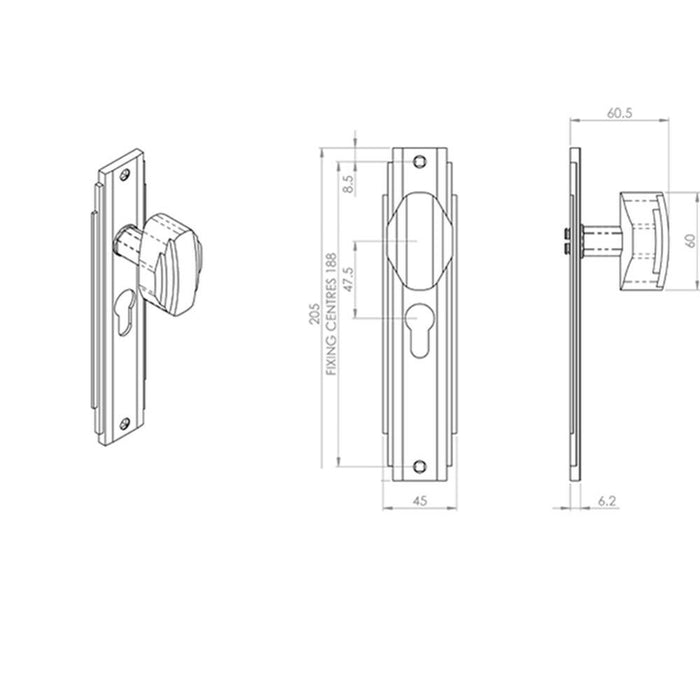 2x PAIR Line Detailed Door Knob on Euro Lock Backplate 205 x 45mm Satin Nickel Loops