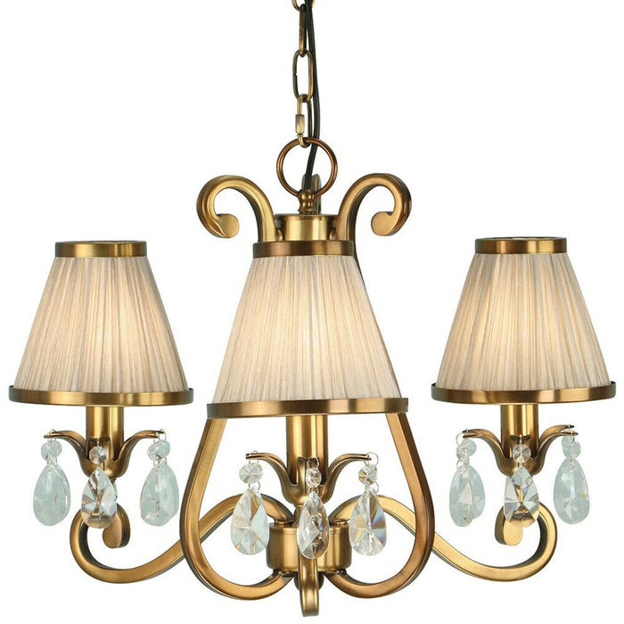 Esher Ceiling Pendant Chandelier Brass Crystal & Beige Shades 3 Lamp Light Loops