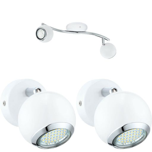 Twin Ceiling Spot Light & 2x Matching Wall Lights White & Chrome Adjustable Head Loops
