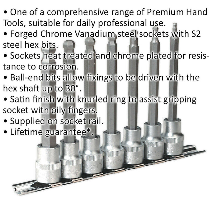 7 PACK Ball End Hex Socket Bit Set - 3/8" Square Drive - 3mm to 10mm LONG Allen Loops