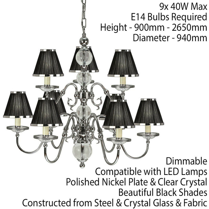 Flemish Ceiling Pendant Chandelier Polished Nickel & Black Shades 9 Lamp Light Loops