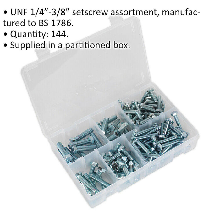 144 Pc Setscrew Assortment - 1/4" to 3/8" UNF Thread - Partitioned Storage Box Loops