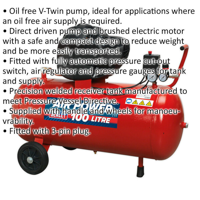 100L Direct Drive Air Compressor - Oil Free V-Twin Pump - 3 hp Induction Motor Loops