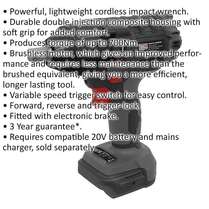 20V Brushless Impact Wrench - 1/2" Sq Drive - BODY ONLY - 700Nm Maximum Torque Loops