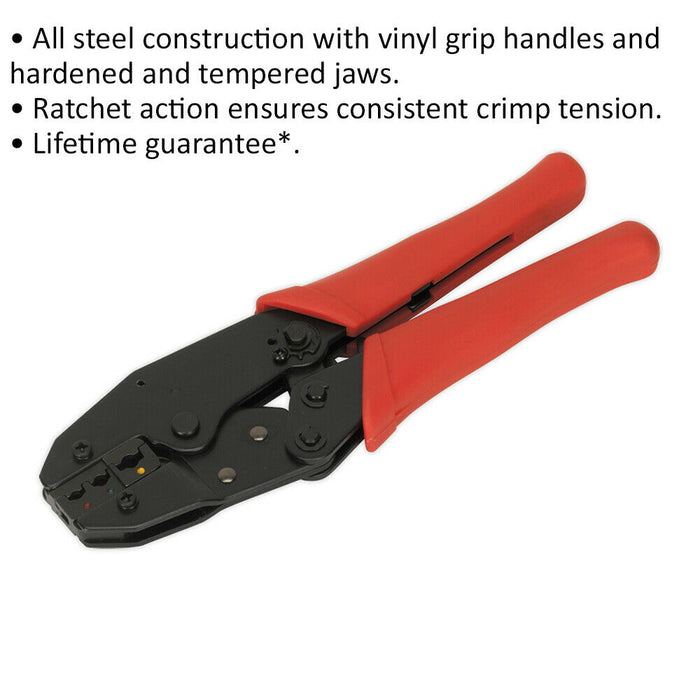 Ratchet Crimping Tool for Insulated Terminals - Hardened & Tempered - Vinyl Grip Loops