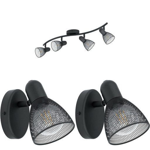 Quad Ceiling Spot Light & 2x Matching Wall Lights Black Mesh Adjusatble Head Loops