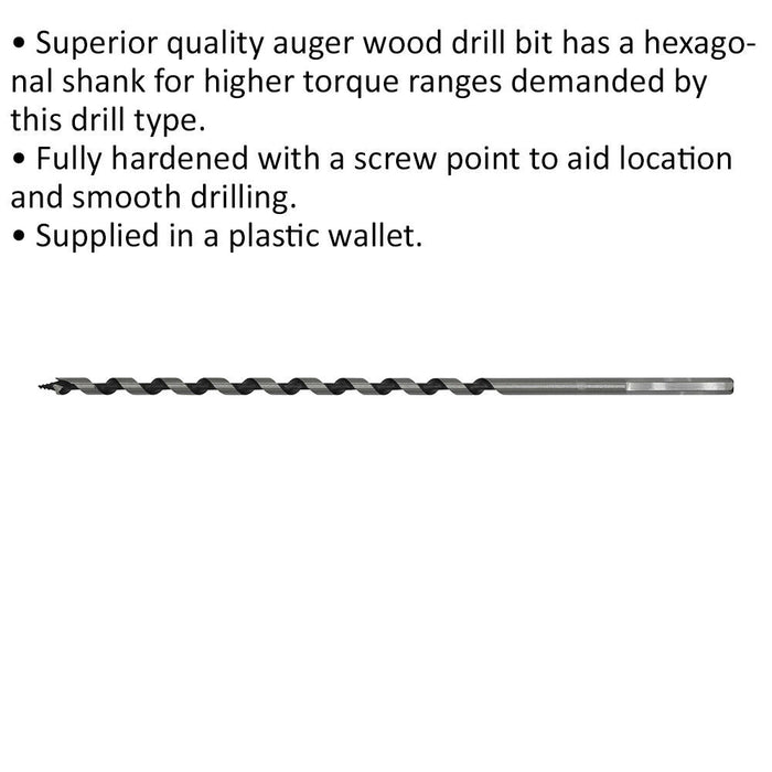 6 x 235mm Hardened Auger Wood Drill Bit - Hexagonal Shank - Woodwork Timber Loops