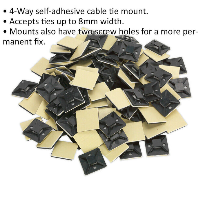 100 PACK Self-Adhesive 4-Way Cable Tie Mount - 30 x 30mm - 5mm Tie Width - Black Loops