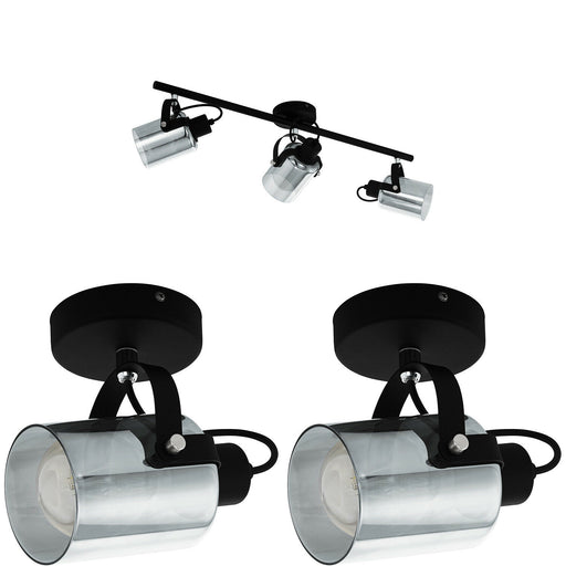 Ceiling Spot Light & 2x Matching Wall Lights Black & Vaporized Glass Adjustable Loops