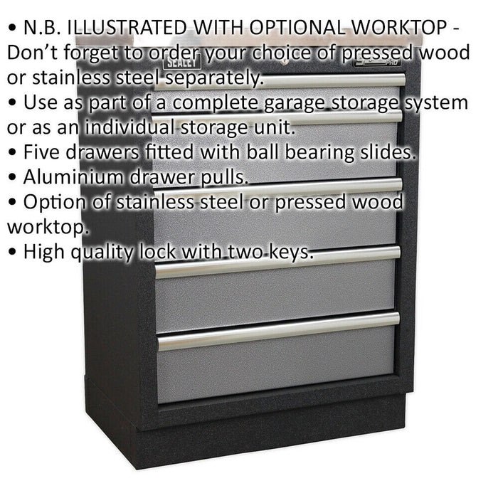 680mm Modular 5 Drawer Floor Cabinet - Ball Bearing Slides - Locking - 2 Keys Loops