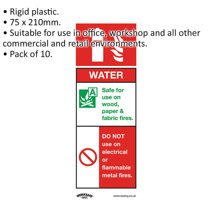 10x WATER FIRE EXTINGUISHER Safety Sign - Rigid Plastic 75 x 210mm Warning Loops