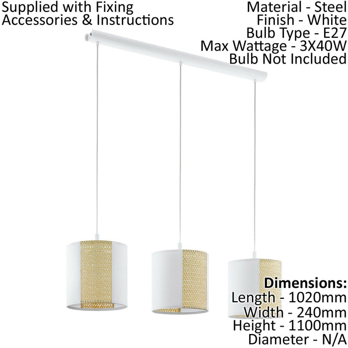 Hanging Ceiling Pendant Light White Seagrass 3x 40W E27 Hallway Feature Lamp Loops