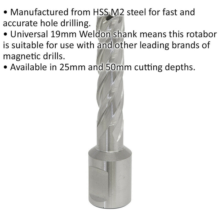 12mm x 50mm Depth Rotabor Cutter - M2 Steel Annular Metal Core Drill 19mm Shank Loops