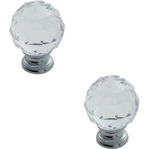 2x Faceted Crystal Cupboard Door Knob 40mm Dia Polished Chrome Cabinet Handle Loops