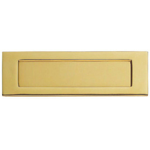 Inward Opening Letterbox Plate 258mm Fixing Centres 282 x 80mm Polished Brass Loops