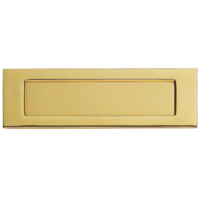 Inward Opening Letterbox Plate 258mm Fixing Centres 282 x 80mm Polished Brass Loops