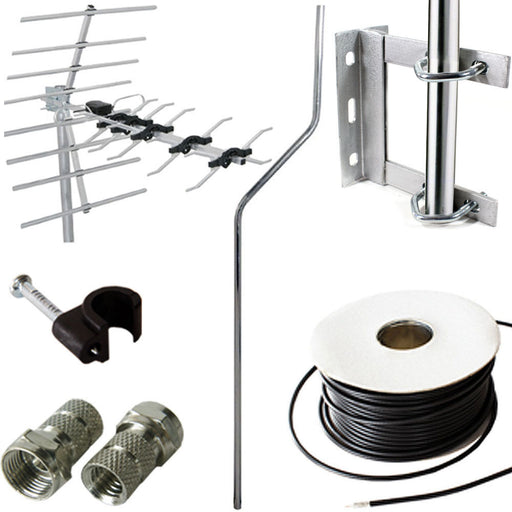 TV Aerial Install/Mounting Kit Coax Cable Cranked Mast Pole Bracket Clips Loops