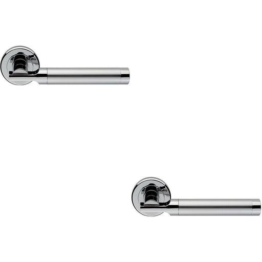 2x PAIR Round Bar Handle on Chamfered Edged Round Rose Satin & Polished Chrome Loops