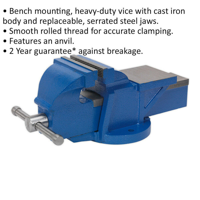Heavy Duty Bench Mountable Fixed Base Vice - 125mm Jaw Opening - Cast Iron Loops