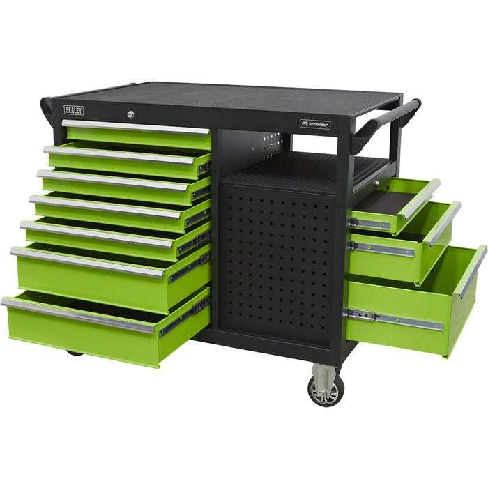 Heavy Duty 10 Drawer Mobile Workstation Trolley - 2 x Open Shelves - 5" Castors Loops